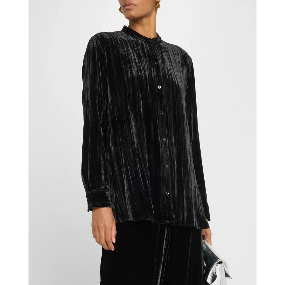Eileen Fisher Button-Down Crushed Velvet Shirt Black Size Xs 1841